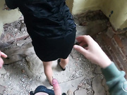 Torn pantyhose and planted in the ass in an abandoned house.