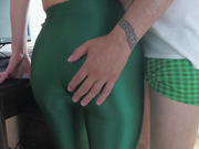 Homemade video of a girl in green leggings with blowjob and fucking