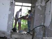 Russian fresh chick sucks two buddies by the river