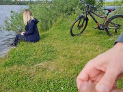 Horny guy jerking off near adorable beauty