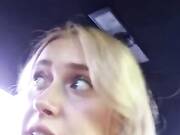 Flirty blonde babe with blue eyes, Kate fondles tits in the car