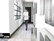 big boobs slut is getting fucked while a slim friend is watching her from up close